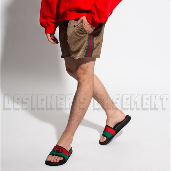 GUCCI men 10 Agrado INTERLOCKING G Logo Black Green Red rubber Slide sandals NIB - Picture 7 of 11